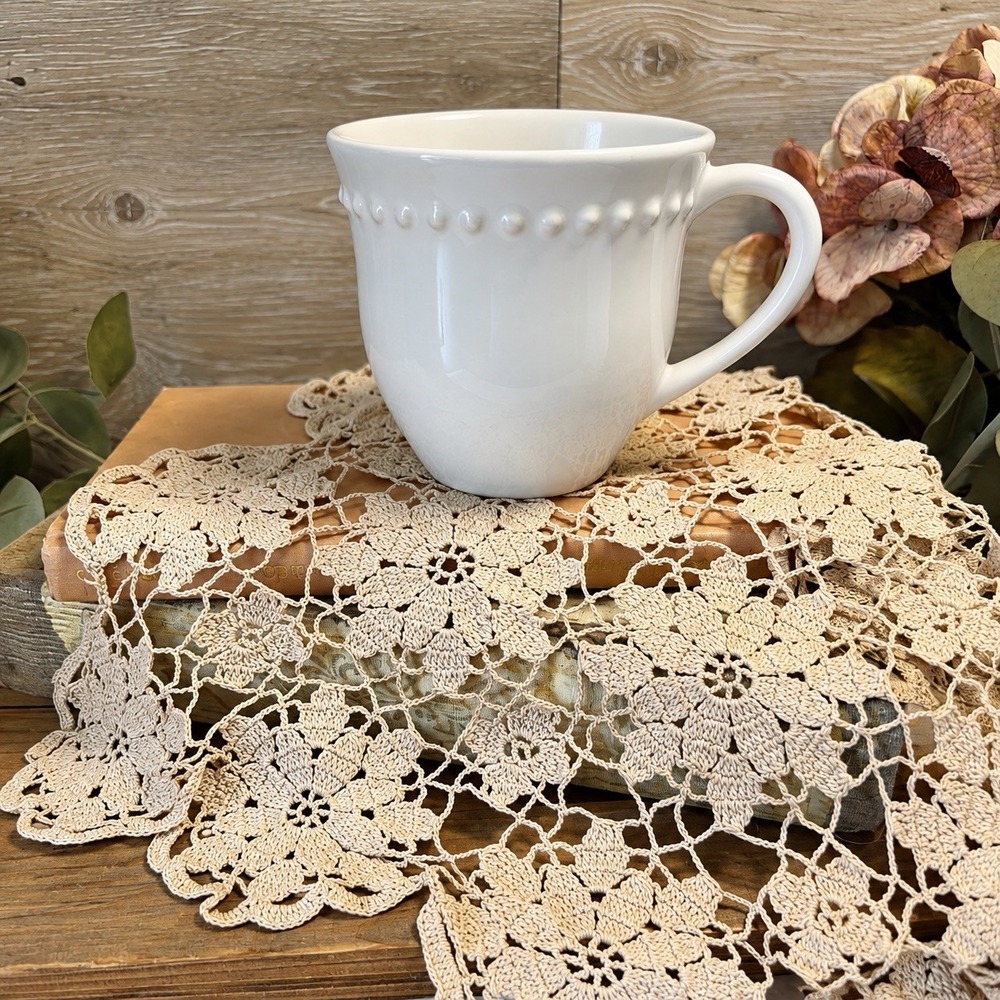 One Pottery Barn Emma White Beaded Rim Coffee Mug Made in Portugal